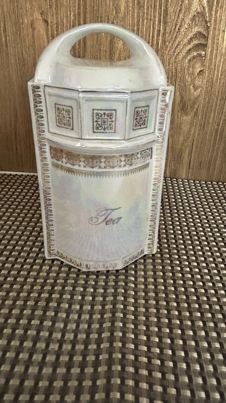 German Lusterware - TEA- Canister Vintage Gold Trim OPALESCENT Ceramic